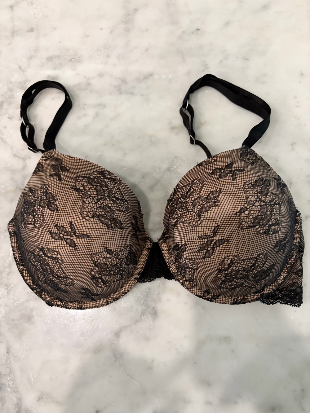 Victoria's Secret Nude Bra with Black Lace Overlay